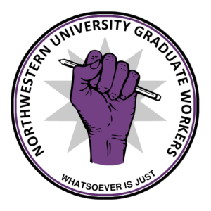 NUGW logo of purple fist with pencil and motto: Whatsoever is just