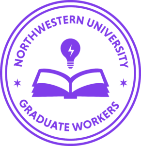 Crest of NUGW with the words "Northwestern University Graduate Workers" surrounding an icon of an open book with a lightbulb above it.