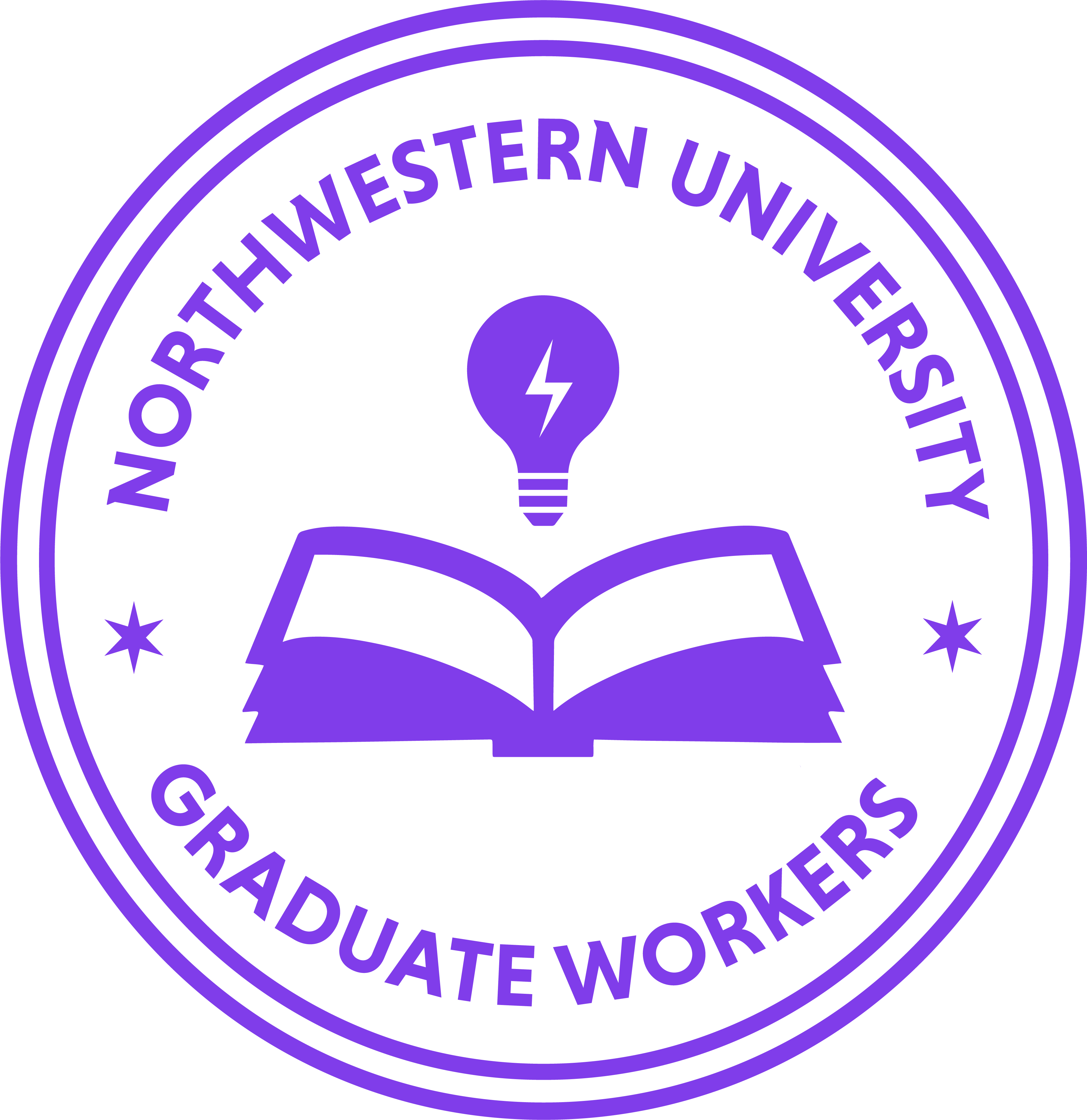 Crest of NUGW with the words "Northwestern University Graduate Workers" surrounding an icon of an open book with a lightbulb above it.