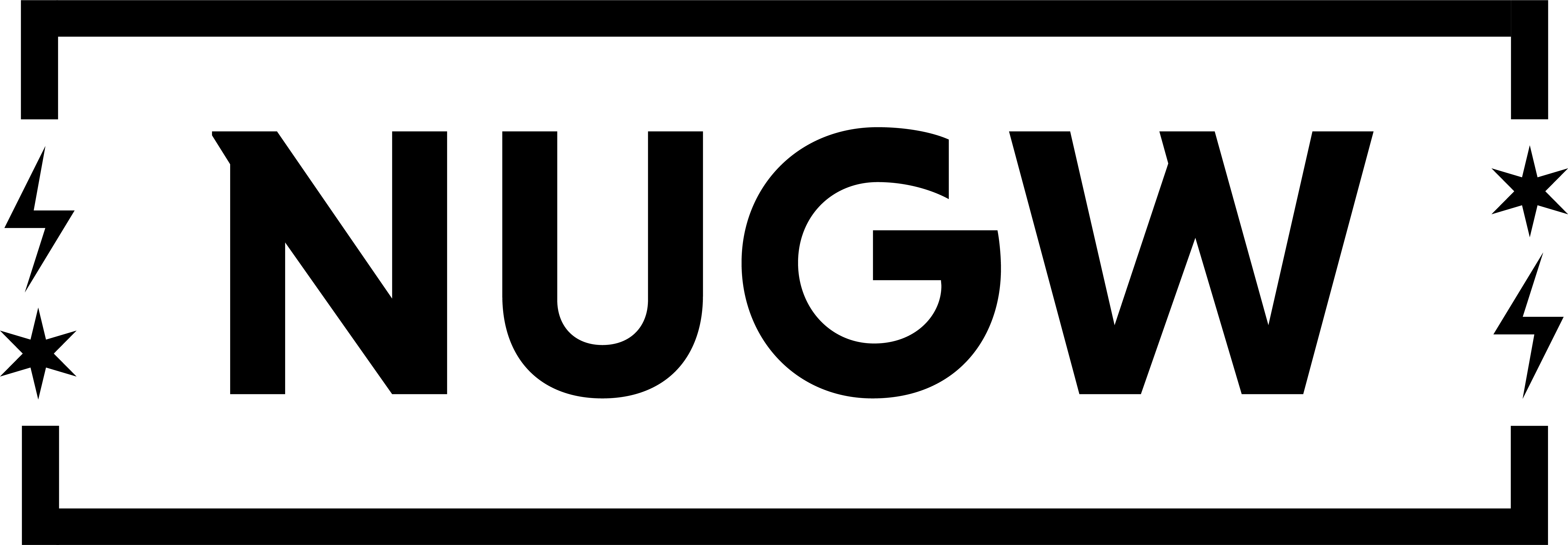 The NUGW monogram. The letters N. U. G. W in bold black font, surrounded by a black box. On the left and right sides of the box, there is a space with the Chicago star and a lightning bolt.